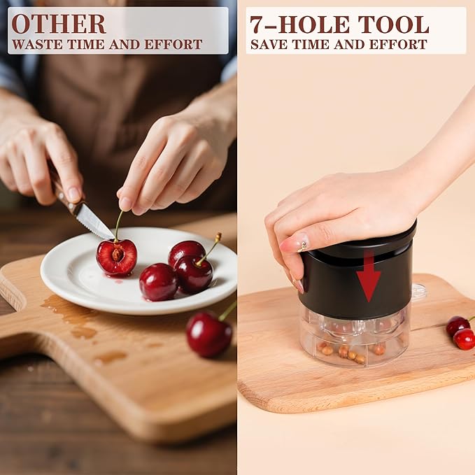 Cherry Pitter, 7-Hole Long Plunger Push Button Cherry Core Remover Tool with Splatter Protector, Quickly Pitting Cherries for Making Jam, Pies (Black)