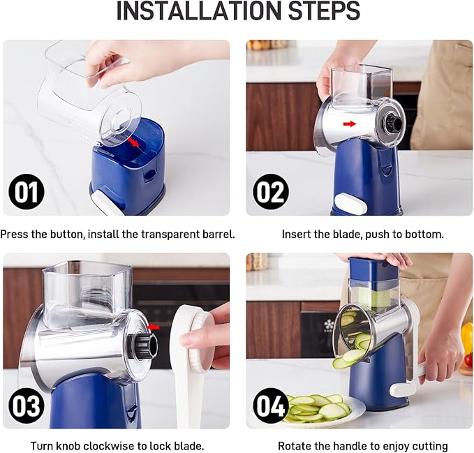 VEKAYA Cheese Grater, Cheese Grater Hand Crank, 4 Interchangeable Blades Cheese Shredder, Vegetable Slicer, Non-slip Suction Base, Easy to Clean Rotary Grater with Handle (Blue)