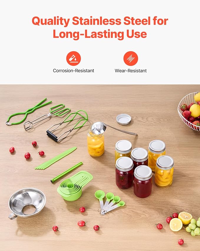 VEVOR Canning Supplies Starter Kit, 9 Pieces Stainless Steel Water Bath Canning Kit for Beginners, Canning Tools Set: Ladle, Measuring Spoon & Cup, Funnel, Tongs, Jar Lifter, Jar Wrench