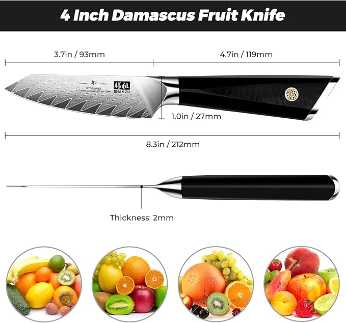 SHAN ZU Damascus Paring Knife Fruit Knife 4 Inch Professional Kitchen Knives, Japanese Damascus High Carbon Steel 67-Layer Fruit Carving Knives with G10 Handle/Gift Box