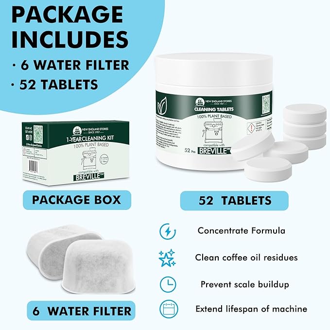 6 Pack Breville Compatible Charcoal Filters with 52 Cleaning Tablets, 1 Year Breville Compatible Maintenance Kit, Espresso Machine Clean Kit for Breville Barista Pro, Breville Infuser and more