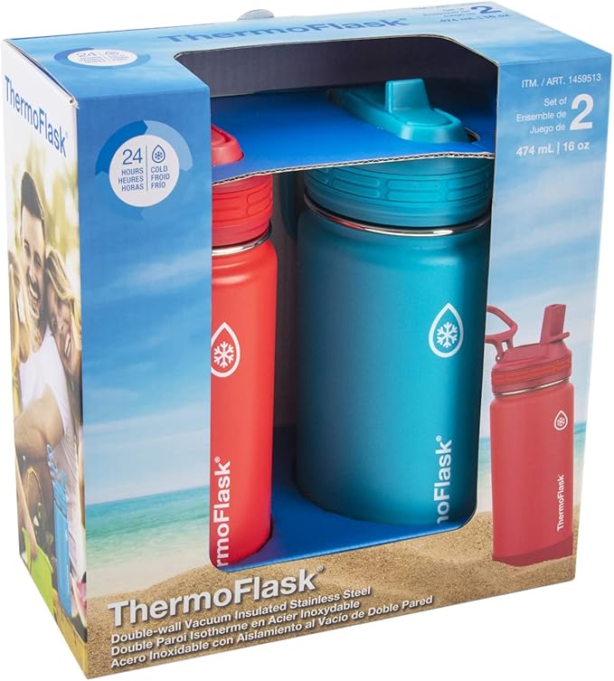ThermoFlask Kids Bottle with Straw Lid - Durable & Dishwasher-Safe Water Bottles & Lids - Leak-Proof Bottle Lid Design - Reusable Water Bottles for Everyday Use - 16 oz, Red/Blue (2 Pack)