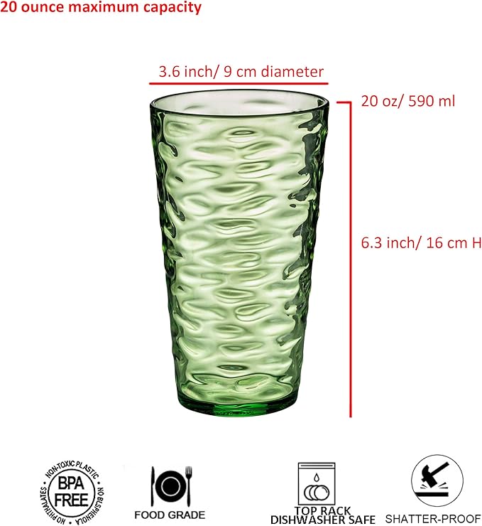 20-ounce Plastic Tumblers, Acrylic Drinking Glasses High-Balls, set of 6 Green Reusable Plastic Cups, Stackable, BPA-Free, Shatter-Proof, Dishwasher-Safe