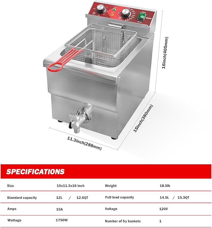Deep Fryer 12L Large Electric Fryer with Oil Drain and Timer Deep Fryer with Basket and Lid Stainless Steel Countertop fryer Commercial Fryer for Restaurant and Home Kitchen 120V 1750W