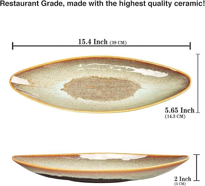 Serving Platter Olives Plate Large Tray Set of 4, For Entertaining Porcelain Trays, Salad, Appetizer, Pasta,Microwave, ovens dishwashers Safe,Brown reactive glaze 15.4 Inch