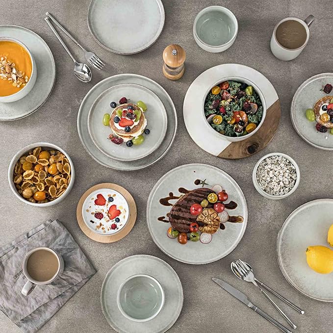 Henten Home Ceramic Dessert Plates, 8 Inch Porcelain Salad Plates Set of 4, Fluted Round Snack Plates for Kitchen, Cake Serving Stoneware Dishes, Reactive Glaze, Scratch Resistant (Grey)