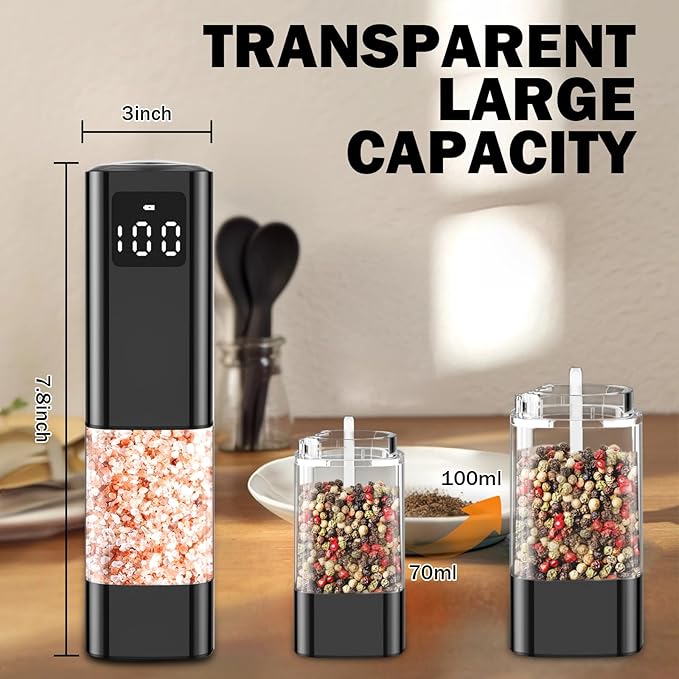 Electric Salt and Pepper Grinder Set, Rechargeable Electric Pepper Grinder with LED Display, Adjustable Coarseness, Large Capacity Refillable Salt and Pepper Shakers, Ideal for Kitchen, BBQ, Gift