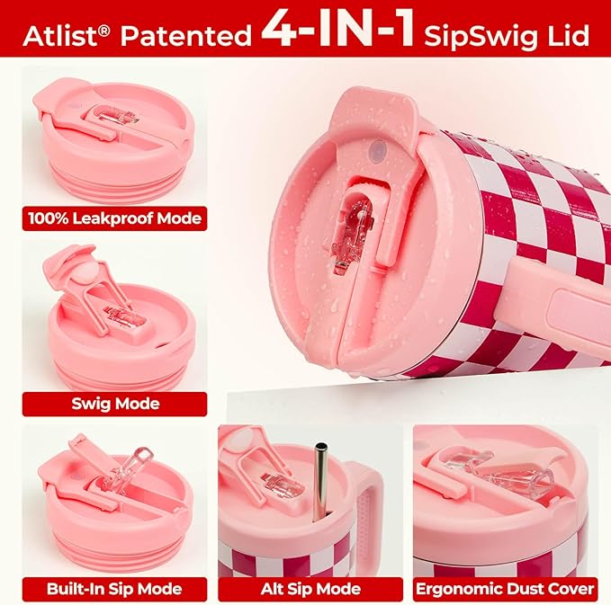 ProTour 100% Leakproof 40 oz Tumbler with Handle & 4-in-1 SipSwig Lid | Built-In Flip Straw & External Stainless Steel Straw | Insulated Stainless Steel Cup | BPA-Free | Pink Checkered