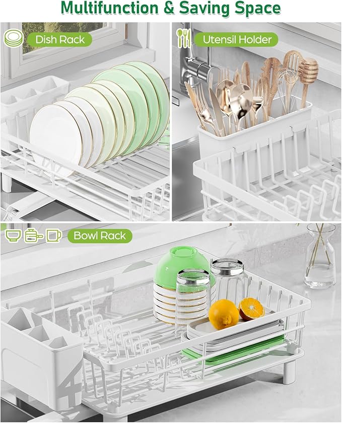 Dish Drying Rack for Kitchen Counter, Stainless Steel Drainer Anti Rust, Smart Drainage System Drainboard with Detachable Cutlery Holder, Handwash Dish Helper for Home, Apartment Space Saving
