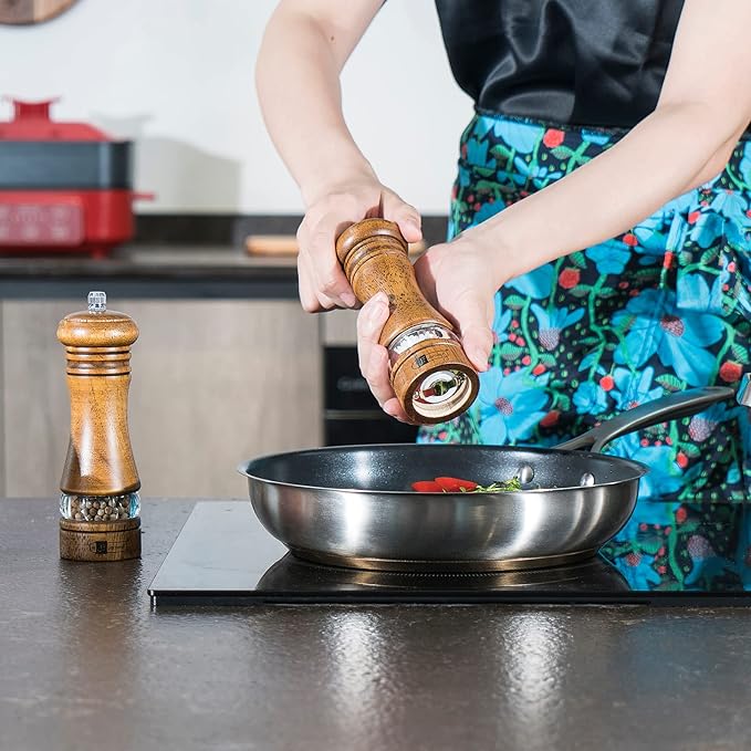 Wooden Salt and Pepper Grinder Set, 6.5 inch Rubber Wood Salt and Pepper Mills Set of 2 with Acrylic Visible Window & Adjustable Ceramic Rotor