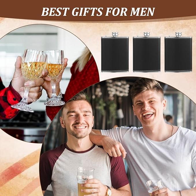 6 Set 8 oz Leather Hip Flasks for Liquor for Men Leak Proof Stainless Steel Drinking Flasks with Funnel Soft Wrap Whiskey Vessels for Wedding Bridesmaid Christmas Gifts (Black)