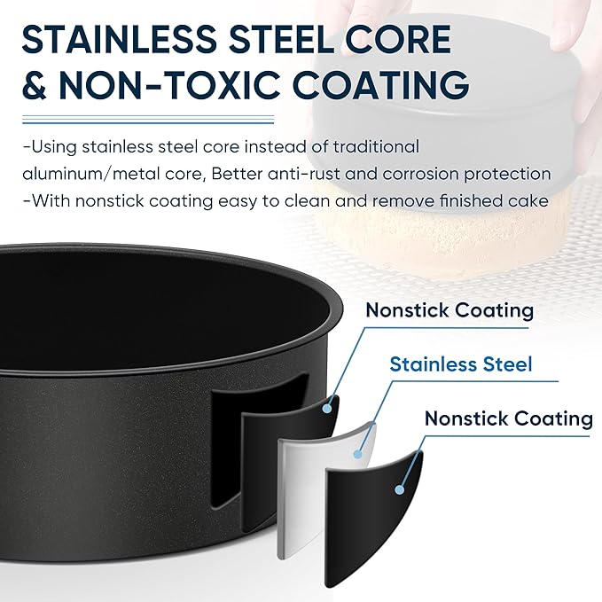 E-far 9½ x 3 Inch Cake Pan Set of 2, Nonstick Stainless Steel Round Cake Pans Tin for Baking Birthday Wedding Layer Cakes, Stainless Steel Core & Non-toxic Coating, Deep & Straight Side