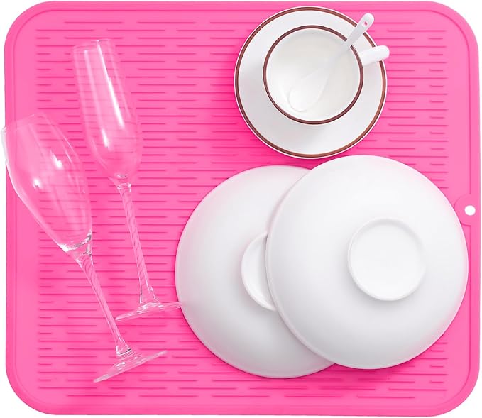 Silicone Dish Drying Mat for Multiple Usage,Easy clean,Eco-friendly,Heat-resistant Silicone Mat for Kitchen Counter or Sink,Refrigerator or Drawer Liner Rose XL 18 inches x 16 inches