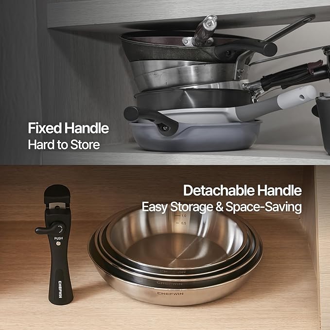 316 Stainless Steel Removable Handle Cookware, 5-Ply Stackable Cookware Set, 6-Piece Pans with Universal Lid, Induction Compatible, Oven & Dishwasher Safe