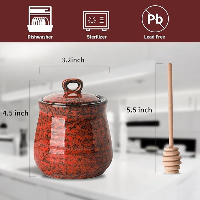 Hasense 12-Ounce Honey Jar with Lid and Wooden Dipper, Ceramic Honey-Dipper Stick and Jar Set, Red Small Honey-Container for Holiday Gift, Dishwasher Safe