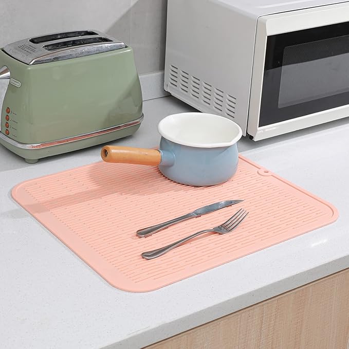 Silicone Dish Drying Mat for Multiple Usage,Easy clean,Eco-friendly,Heat-resistant Silicone Mat for Kitchen Counter or Sink,Refrigerator or Drawer Liner Pink XL 18 inches x 16 inches