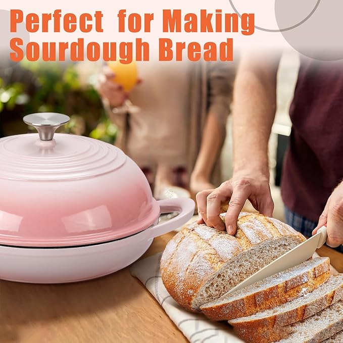 Enameled Round Cast Iron Bread Oven, 6 Qt Cast Iron Dutch Oven for Homemade Sourdough Bread Baking, Bread Dome Pot with Cloche Lid (Gradient Pink)