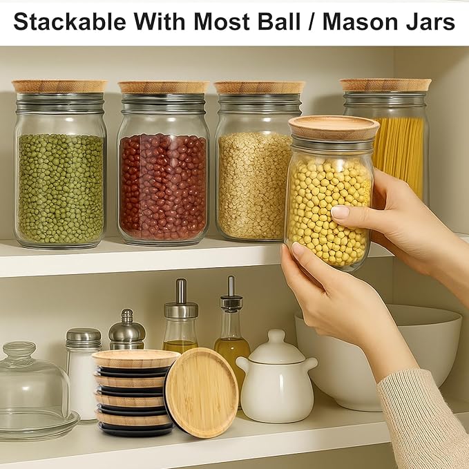 8 Pack Wide Mouth Mason Jar Lids Bamboo Lid for Glass Jars Tops Large Mouth Reusable Canning Lids Wooden Silicone Lid for Mason Jar Accessories Airtight Jars Covers Decorative Canning Supplies