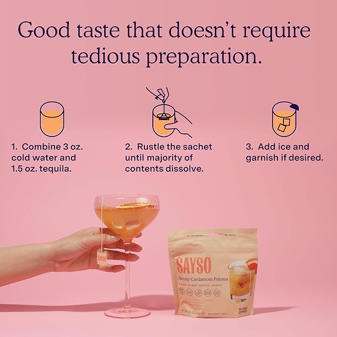 SAYSO Skinny Cardamom Paloma | The Original Craft Cocktail Tea Bag Mixer | Organic, Certified Gluten-free, Non-GMO |< 15 Cal, 0g Sugar, Steep in Cold Water & Spirits, For a Perfect Mocktail, 8 count