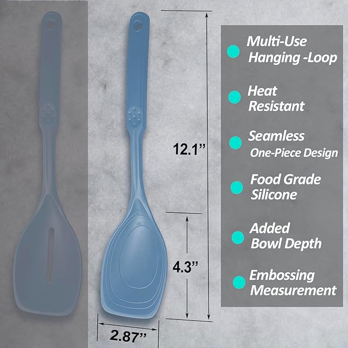 Large Silicone Cooking Spoon, Non-Stick Solid Spoon set with Deep Bolw and Measurement Mark for Mixing, Serving, Draining, Scooping, Scraping, Heat Resistant Kitchen Utensils, Starry Blue