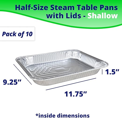 IDL Packaging Half-Size Aluminum Steam Table Pans with Lids - Shallow, 13" x 11" x 1.5" (pack of 10) - Disposable Foil Pan for Grilling, Roasting, BBQ, Cooking, Baking, Freezing