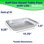 IDL Packaging Half-Size Aluminum Steam Table Pans with Lids - Shallow, 13" x 11" x 1.5" (pack of 10) - Disposable Foil Pan for Grilling, Roasting, BBQ, Cooking, Baking, Freezing