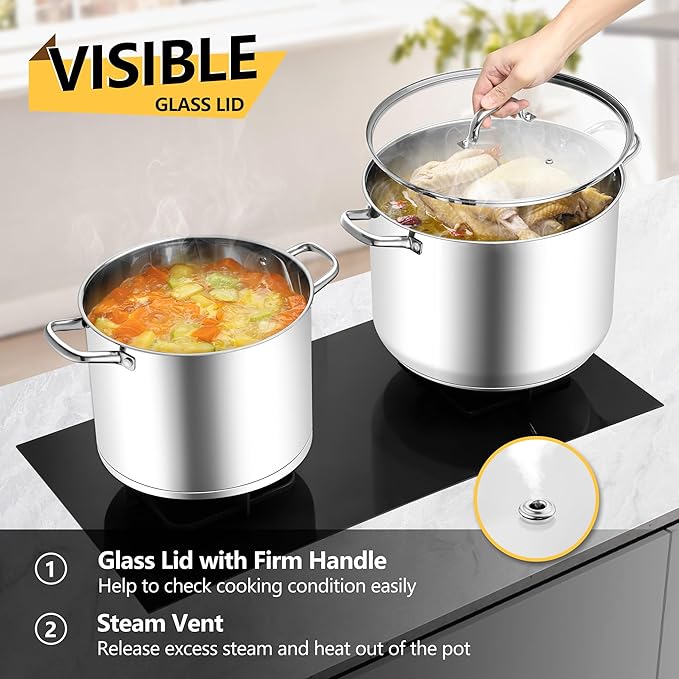 Homikit Large Stock Pot 14 Quart, Stainless Steel Chicken Soup Pot with Lid for Canning Steaming Stewing, Tri-ply Heavy Bottom Cooking Boiling Pasta Induction Stockpot, Dishwasher Safe