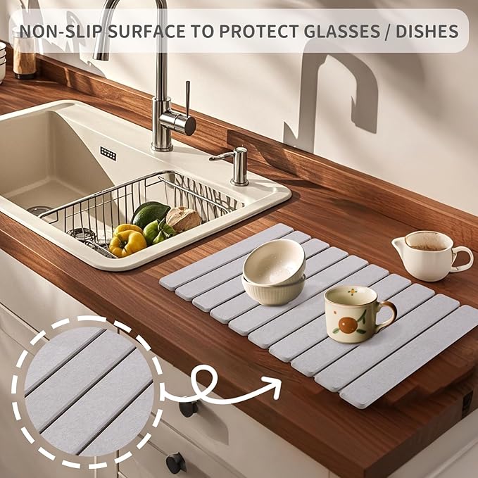 Coolcandy 24x16" Large Stone Dish Drying Mat, Quick Drying Mat Kitchen Counter, Foldable Kitchen Drying Mat, Diatomaceous Earth Stone Drying Mat, Collapsible Dish Mat Kitchen Mat For Drying