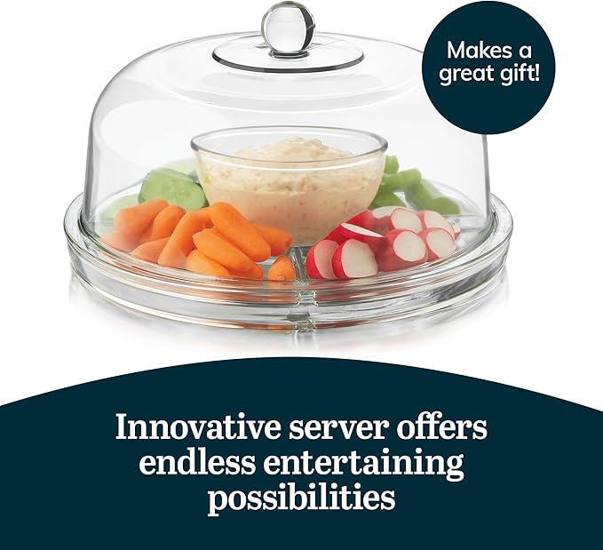 Libbey Selene 6-in-1 Multiuse Glass Server, Punch Bowl, Chip and Dip Bowl, Cake Stand , Clear