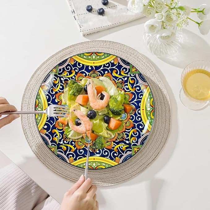 Dinner Plates 6 pcs,8.5 Inch Ceramic Plates, Microwave, Oven and Dishwasher Safe, Colorful Bohemian Style Dishes for Kitchen