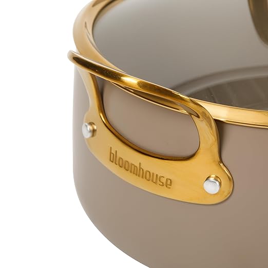 Bloomhouse - Two Time Oprah's Favorite Things Winner - 6 Quart Heavy Duty Aluminum Premium PFA Free Ceramic Nonstick Dutch Oven Pot with Lid - Cappuccino Cream with Gold Handle