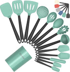 Coukre Silicone Kitchen Cooking Utensils Set with Holder – Heat-Resistant, Food-Grade Kitchen Tools, Spatula, Spoon & Gadgets for Non-Stick Pans, Dishwasher Safe (14, AquaGreen)