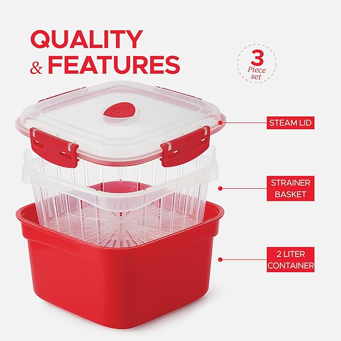 3 Piece Microwave Steamer Basket with Removable Strainer - 2 Liter Microwave Staemer for Vegetables, Broccoli & Fish - BPA Free Veggie Steamer with Airtight Locking Lid