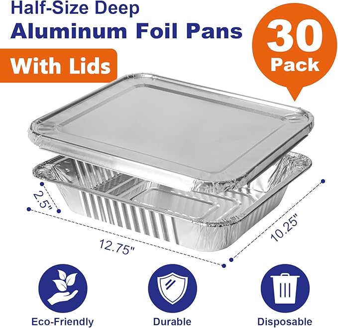 9x13 Aluminum Pans with Lids, 30 Pack Extra Heavy Duty Large Foil Pans, Disposable Aluminum Trays for Baking, Cooking, Roasting Turkey, Food Prepping