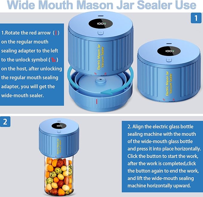 Electric Mason Jar Vacuum Sealer Kit for Wide Mouth and Regular Mouth Mason Jar - Blue