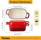 Velaze 3.6QT Dutch Oven for Bread Baking,Oval Cast Iron Enameled Bread Oven Pan with Lid and Offset Handles,Oven Safe to 500°F for Homemade Sourdough Bread(Red)
