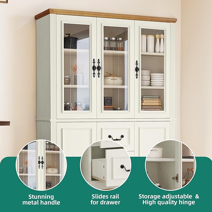 YITAHOME 71" H x 47" W Kitchen Pantry with 3 Drawers, Large Storage Cabinet with 3 Glass Doors & Adjustable Shelves, Freestanding Tall Display China Cabinet for Living & Dining Room, White