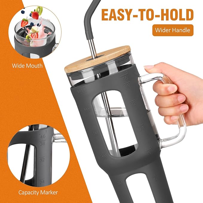 Glass Tumbler with Lid and Straw, 46 oz Iced Coffee Cup with Handle, Large Water Bottles with Silicone Sleeve, Glass Cup with Straws - Pearl Straw & Drinking Straw BPA Free-Grey