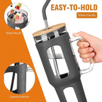 Glass Tumbler with Lid and Straw, 46 oz Iced Coffee Cup with Handle, Large Water Bottles with Silicone Sleeve, Glass Cup with Straws - Pearl Straw & Drinking Straw BPA Free-Grey