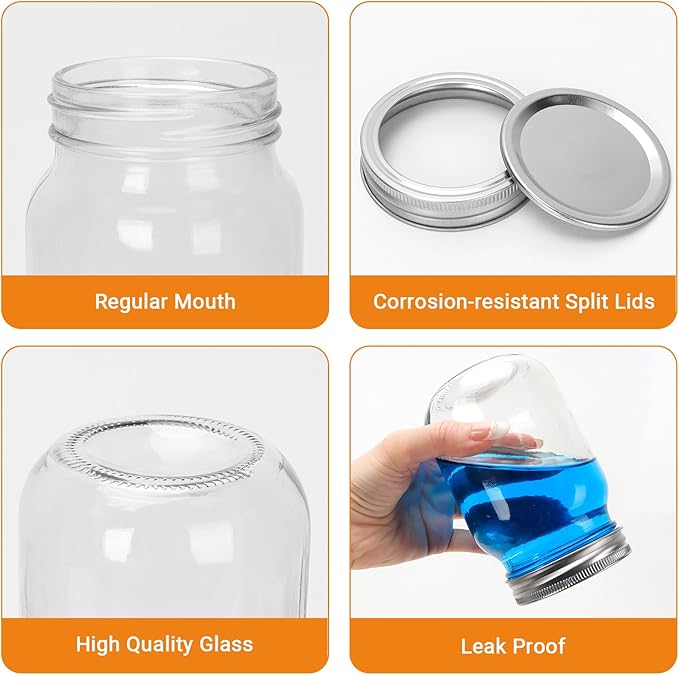 DHSBTLS Glass Regular Mouth Mason Jars, 15 Pack 16 oz Glass Canning Jars with Silver Aluminum Lids and Bands, Airtight Jars for Food Storage, Canning, Overnight Oats, Fermenting, Pickling, Decor