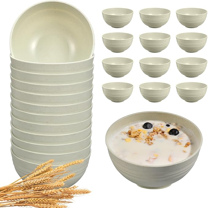 12 Pcs Unbreakable Cereal Bowls Set, 26 Oz Wheat Straw Bowls Set, Microwave & Dishwasher Safe Bowls for Kitchen, Reusable Plastic Bowls for Soup, Salad and Snack, BPA Free, Beige