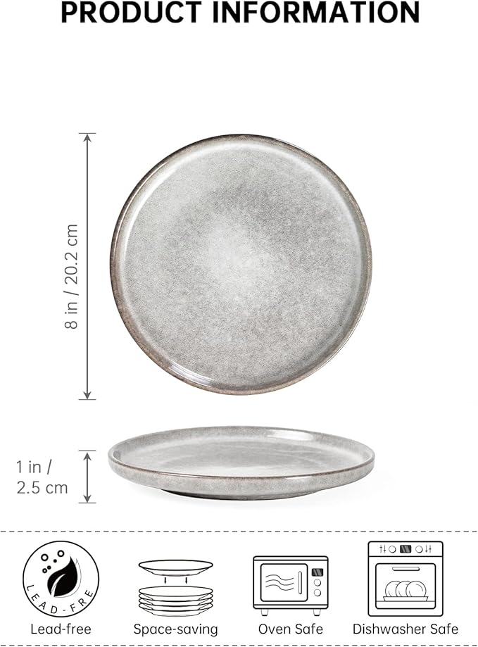 Henten Home Ceramic Dessert Plates, 8 Inch Porcelain Salad Plates Set of 4, Fluted Round Snack Plates for Kitchen, Cake Serving Stoneware Dishes, Reactive Glaze, Scratch Resistant (Grey)
