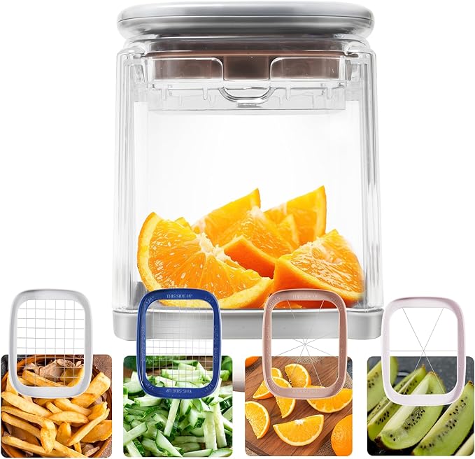 ZHANG XIAO QUAN SINCE 1628 French Fry Cutter 4-in-1 Food Dicer Chop Box, Potato Cutter for Fries Potato French Fry Onion Cutter Food Chopper Manual Hand Vegetable Cutter Dicer Apple Slicer, 4 Blades