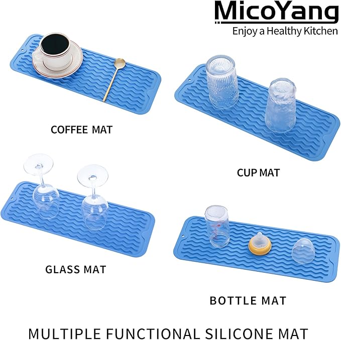 Silicone Dish Drying Mat for Multiple Usage,Easy clean,Eco-friendly,Heat-resistant Silicone Mat for Kitchen Counter,Sink,Bar,Bottle,or Cup Lichen Blue M 17 inches x 6 inches