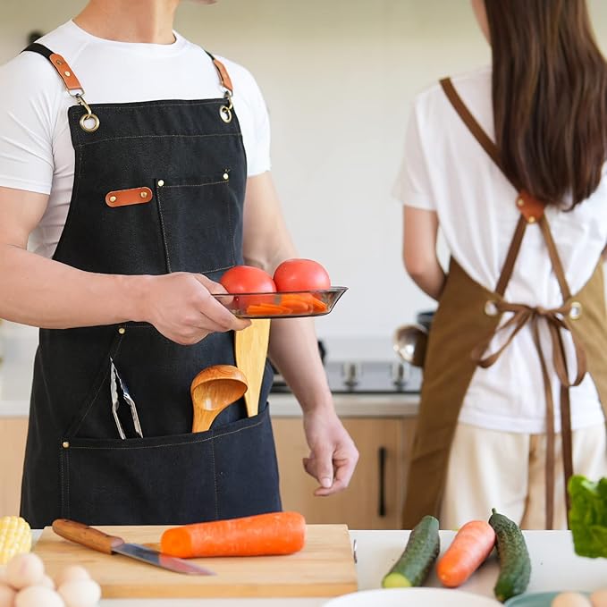 Canvas Aprons for Men Chef Apron, Work Apron with Large Pockets - 16oz Heavy Duty Cross Back, BBQ, Cooking