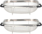 Suwimut 2 Pack Over the Sink Oval Colander for Kitchen, Stainless Steel Fine Mesh 6 Quart Strainer Basket with Expandable Rubber Grip Handles for Straining, Draining, Rinsing Fruits, Vegetables