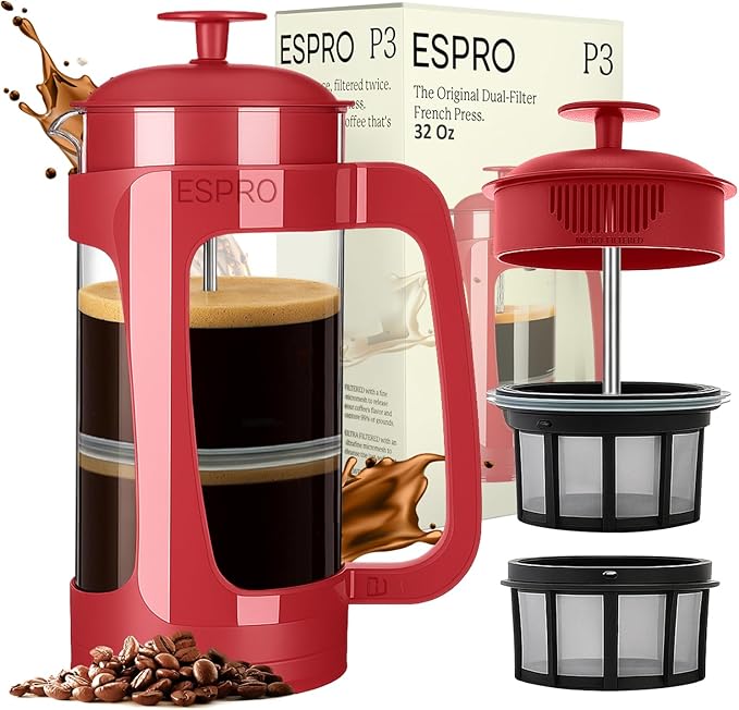 ESPRO P3 French Press Coffee Maker – Patented Double Micro-Filter for Grit-Free Brew, Heat Resistant thicker Borosilicate Glass Coffee press – Red (32oz)