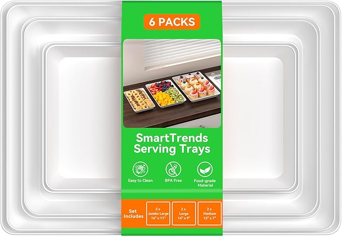 6-Pack Serving Tray for Parties, Serving Platter in 3 Sizes for Entertaining, Camping & Food Display, Plastic Trays for Cookies, Dessert, Stackable Rectangular Platters for Family(White)