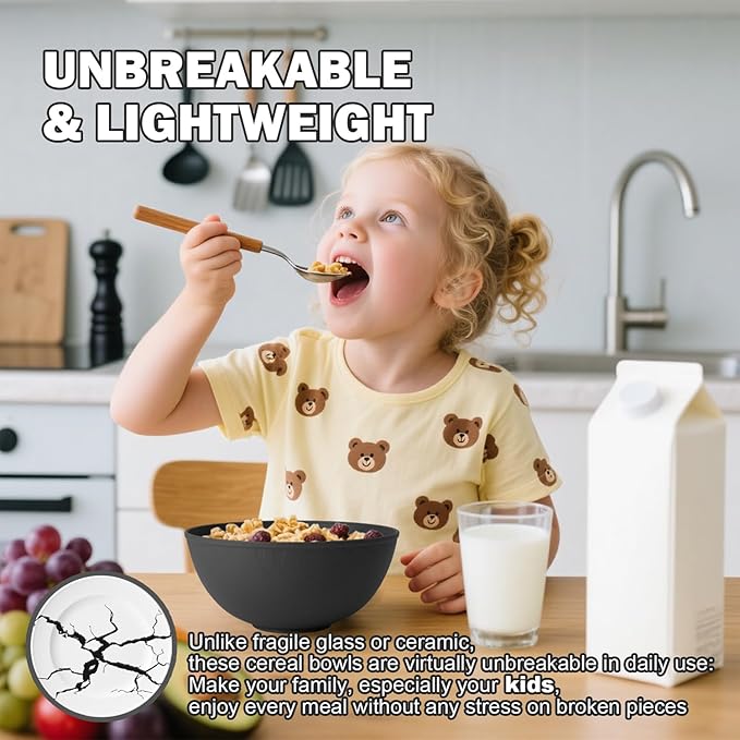 Unbreakable Cereal Bowls 40 OZ, Wheat Straw Bowls Set of 6 with Unique Pattern, Reusable Plastic Bowl for Cereal, Soup, Salad and Ramen, Indoor & Outdoor Essentials, Black