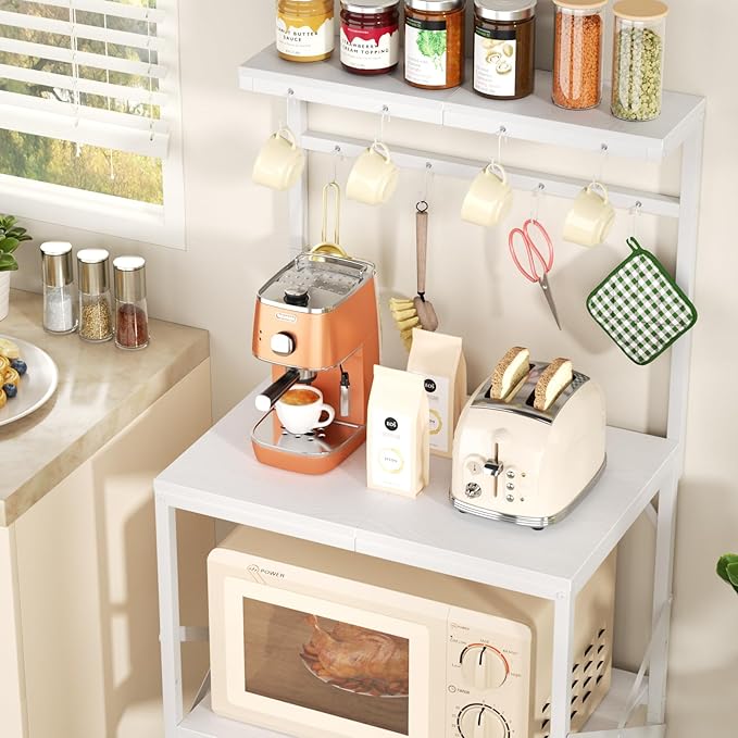 Kitchen Bakers Rack with Storage Shelves, Small Coffee Bar Cart with 8 Hooks, 4 Tiers Microwave Stand Station with Adjustable Shelves, Freestanding Kitchen Appliance Organizer, White